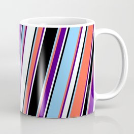 [ Thumbnail: Eyecatching Red, Indigo, Mint Cream, Black, and Light Sky Blue Colored Pattern of Stripes Coffee Mug ]