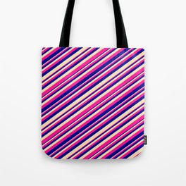 [ Thumbnail: Deep Pink, Dark Blue & Beige Colored Lined Pattern Tote Bag ]