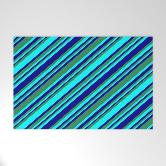 Sea Green, Cyan, and Dark Blue Colored Lines/Stripes Pattern Welcome Mat
