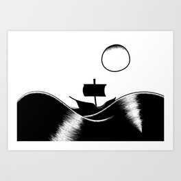 A Boat on the Sea Art Print | Landscape, Illustration, Black and White 