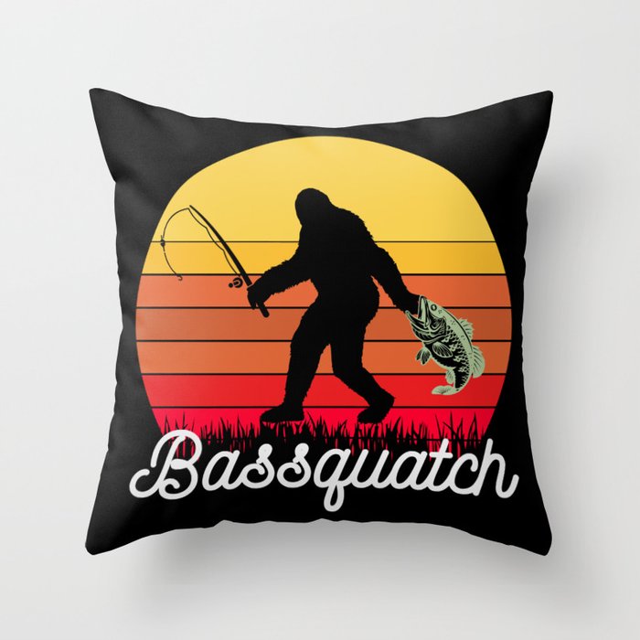 Retro Bassquatch Bigfoot Fishing Throw Pillow