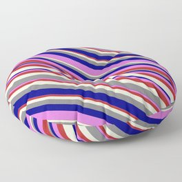 [ Thumbnail: Vibrant Orchid, Red, Beige, Grey, and Blue Colored Lines/Stripes Pattern Floor Pillow ]
