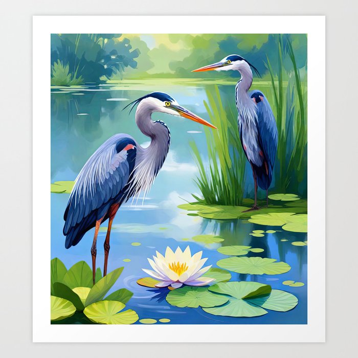 Water Lilies and Lotus Great Blue Herons Art Print
