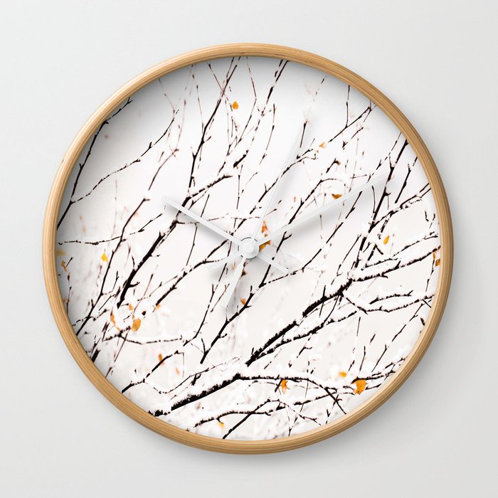 Snowy birch twigs and leaves #decor #society6 #buyart Wall Clock