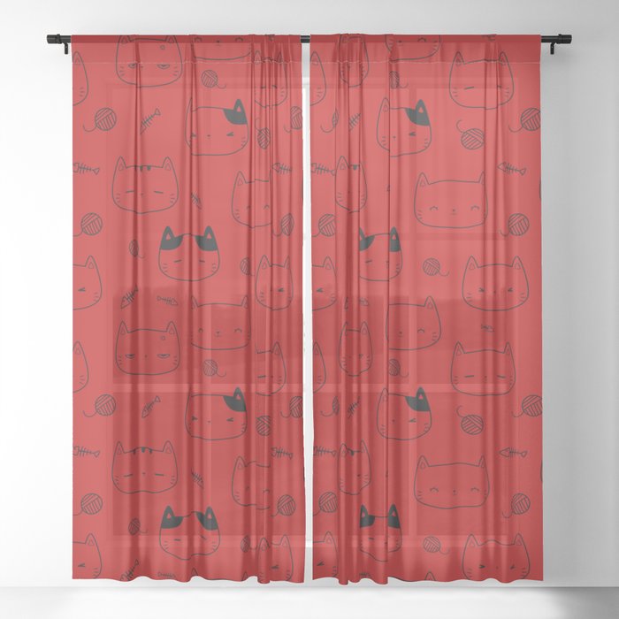 Red and Black Doodle Kitten Faces Pattern Sheer Curtain