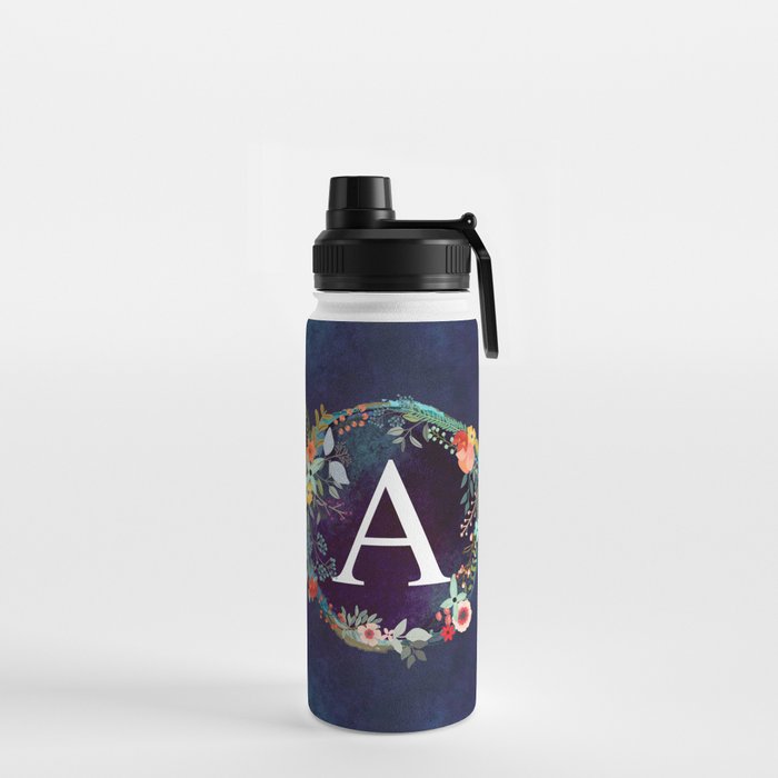Personalized Monogram Initial Letter A Floral Wreath Artwork Water Bottle