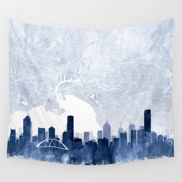 Melbourne Skyline & Map Watercolor Navy Blue, Print by Zouzounio Art Wall Tapestry