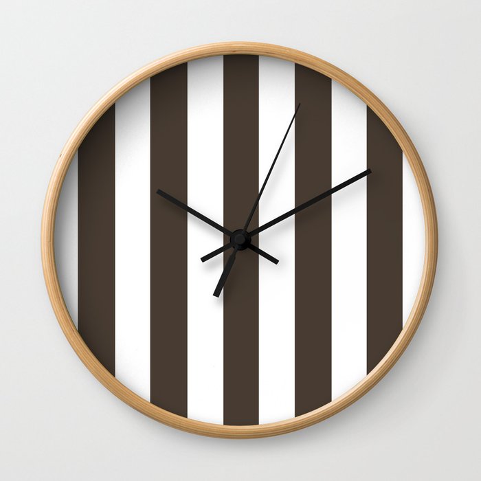 Dark lava brown - solid color - white vertical lines pattern Wall Clock
