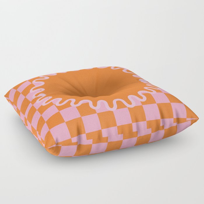 90s Checkerboard - Orange 2 Floor Pillow