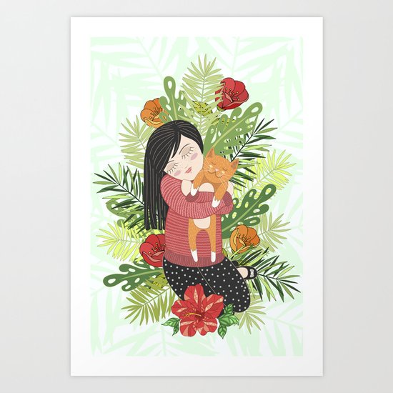 Girl and cat Art Print
