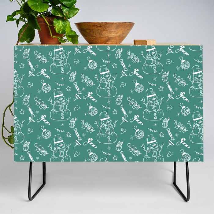 Green Blue and White Christmas Snowman Doodle Pattern Credenza