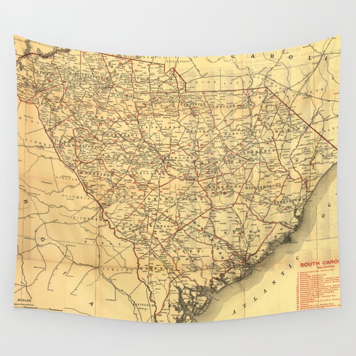 Vintage Map of The South Carolina Railroads (1900) Wall Tapestry by 