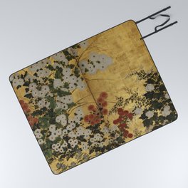 White Red Chrysanthemums Floral Japanese Gold Screen Picnic Blanket