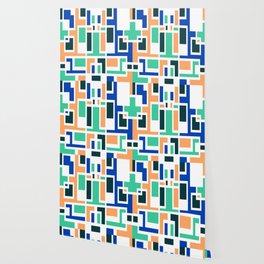 White Outline Geometric Art Deco Style Blue Peach Green Tones Wallpaper