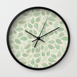 Green Watercolor Leaves Wall Clock | Beige, Graphicdesign, Pattern, Green, Tossed, Digital, Watercolor, Leaves, Botanical 