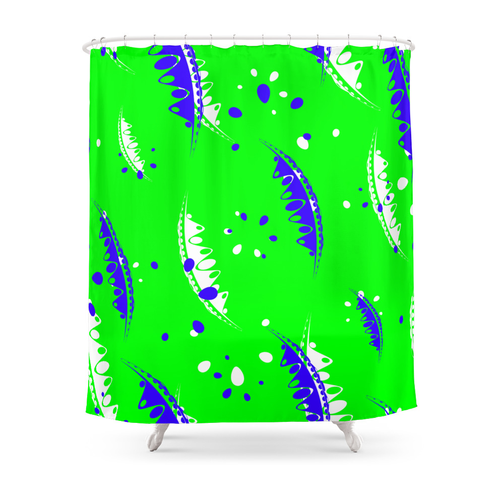 Pattern Of Abstract Leaves And Petals Of Garden Plants In Blue And White On A Green Background. Shower Curtain by grachyhamr