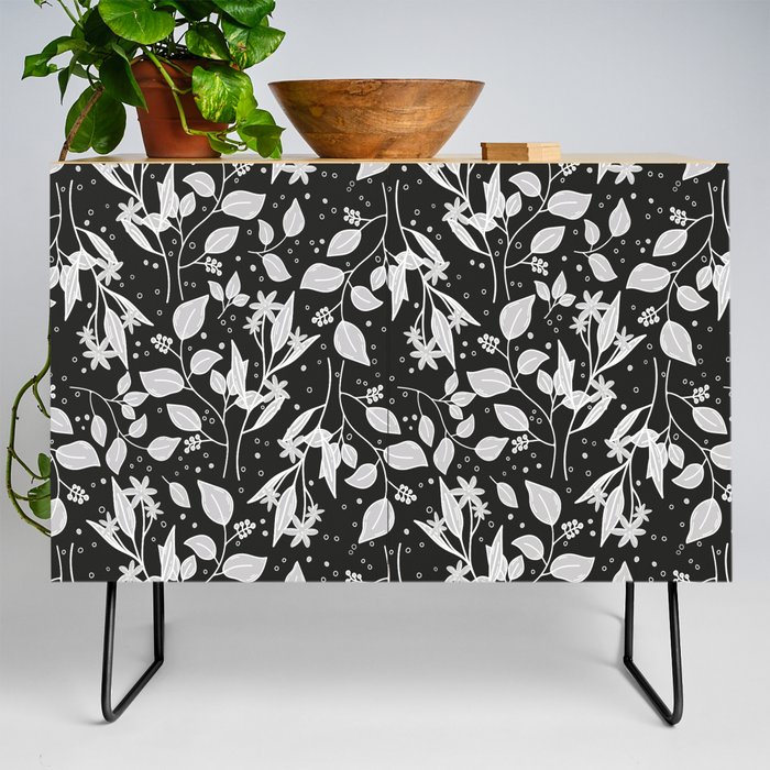 Tropical moody and dark floral pattern with dots Credenza