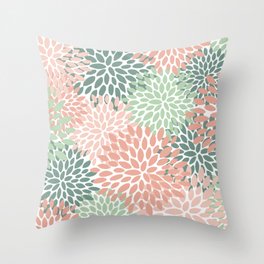 Festive, Abstract Floral Prints, Coral and Green Throw Pillow