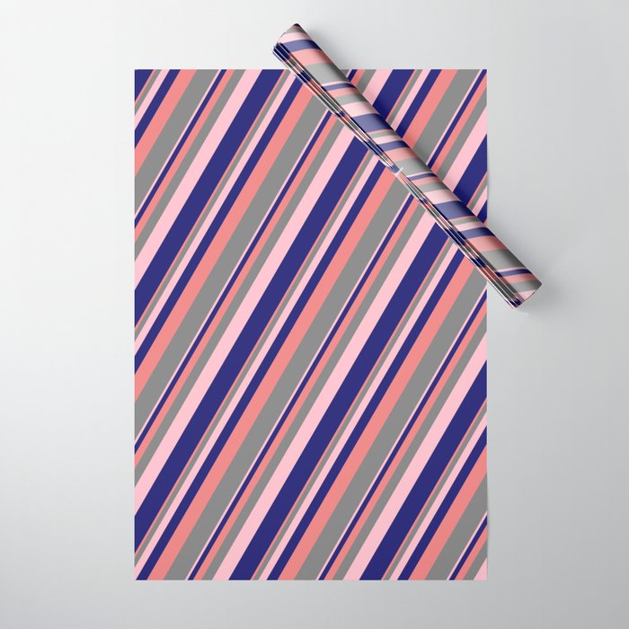Light Coral, Gray, Pink & Midnight Blue Colored Stripes Pattern Wrapping Paper