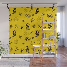 Yellow And Blue Silhouettes Of Vintage Nautical Pattern Wall Mural