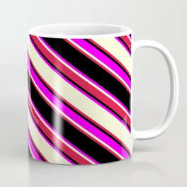 [ Thumbnail: Black, Fuchsia, Light Yellow & Crimson Colored Lined Pattern Coffee Mug ]