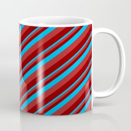 [ Thumbnail: Deep Sky Blue, Red & Dark Red Colored Lines Pattern Coffee Mug ]