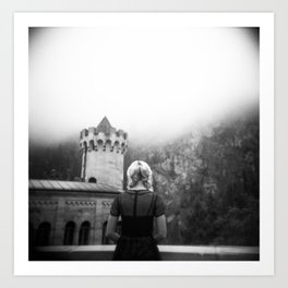 Girl Looking out into the Fog at Neuschwanstein Castle in Germany - Holga Film Photograph Art Print