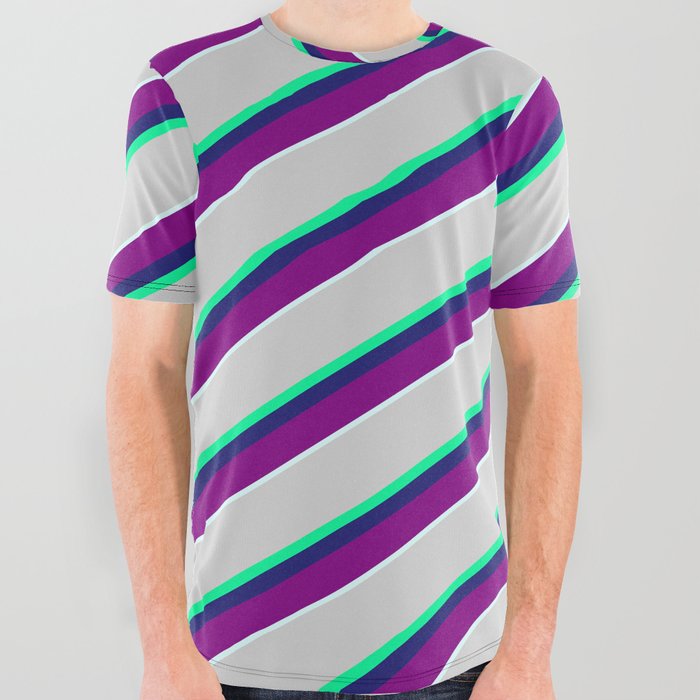 Vibrant Light Gray, Green, Midnight Blue, Purple & Light Cyan Colored Striped/Lined Pattern All Over Graphic Tee