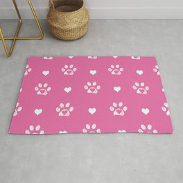 White doodle paw prints with pink hearts and pink background Rug