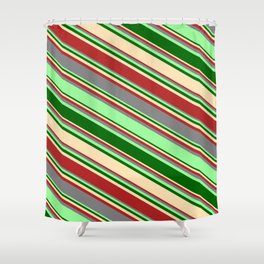 [ Thumbnail: Eyecatching Grey, Green, Dark Green, Beige, and Red Colored Lines Pattern Shower Curtain ]