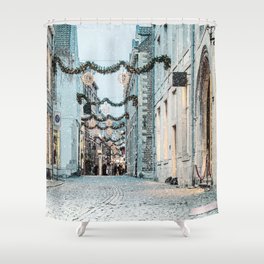 Shopping street with christmas lights and snowfall in the Dutch city center of Maastricht the Netherlands Shower Curtain