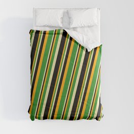 [ Thumbnail: Orange, Forest Green, Pale Goldenrod, and Black Colored Lined/Striped Pattern Comforter ]