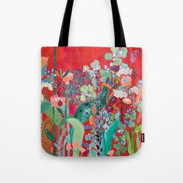 Red floral Jungle Garden Botanical featuring Proteas, Reeds, Eucalyptus, Ferns and Birds of Paradise Tote Bag
