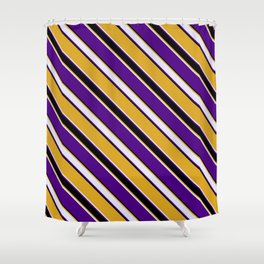 [ Thumbnail: Goldenrod, Lavender, Indigo, and Black Colored Lined Pattern Shower Curtain ]