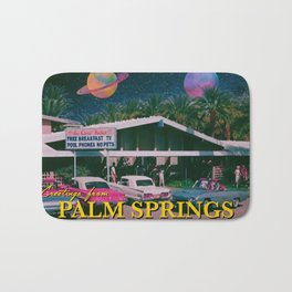 greetings from palm springs Badematte | Palmsprings, Planets, Surrealism, Postcard, Palmtrees, Vintage, Abba, Neon, Rainbow, Cars 