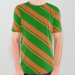 [ Thumbnail: Chocolate and Green Colored Lined/Striped Pattern All Over Graphic Tee ]