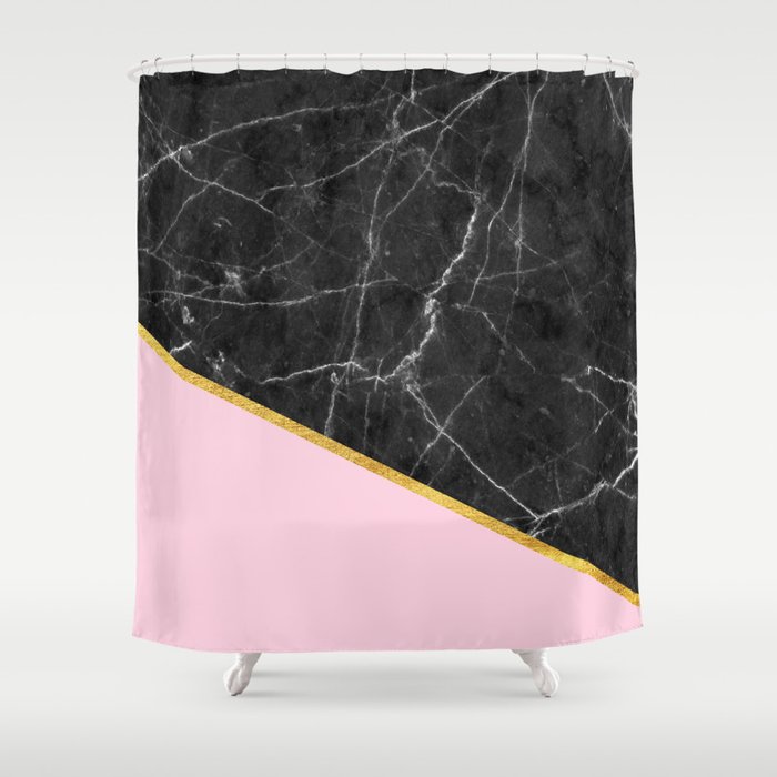 Black Marble Geometric Gold Leaf With Pink Shower Curtain By