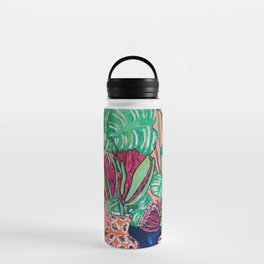 Cluster of Houseplants and Proteas on Pink Still Life Painting Water Bottle