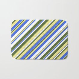 [ Thumbnail: Dark Olive Green, Tan, Royal Blue, and White Colored Stripes Pattern Bath Mat ]