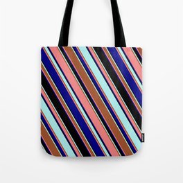 [ Thumbnail: Eyecatching Turquoise, Sienna, Light Coral, Blue, and Black Colored Lined Pattern Tote Bag ]