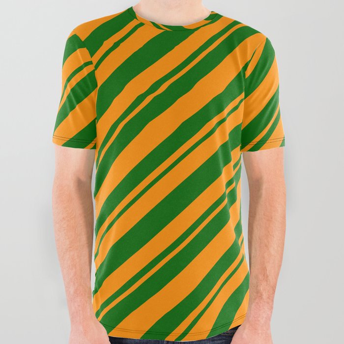 Dark Orange and Dark Green Colored Striped/Lined Pattern All Over Graphic Tee