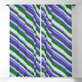 [ Thumbnail: Green, Light Gray, Medium Slate Blue, and Dark Slate Blue Colored Striped Pattern Blackout Curtain ]