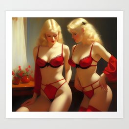 The other Boleyn girls; sensual blonde sisters getting dressed for night out at midnight in Rome female still life painting Art Print