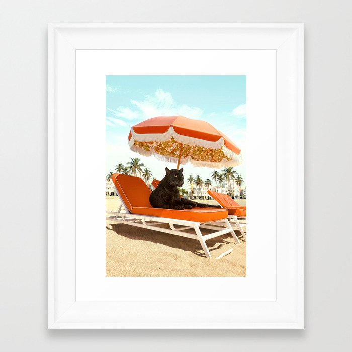 Miami Beach Framed Art Print | Photography, Panther, Wildlife, Wild, Animal, Vintage, Retro, Beach, Holiday, Umbrella