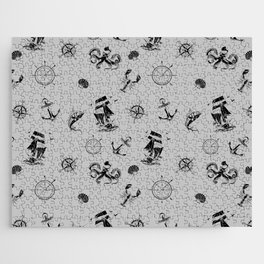 Light Grey And Black Silhouettes Of Vintage Nautical Pattern Jigsaw Puzzle