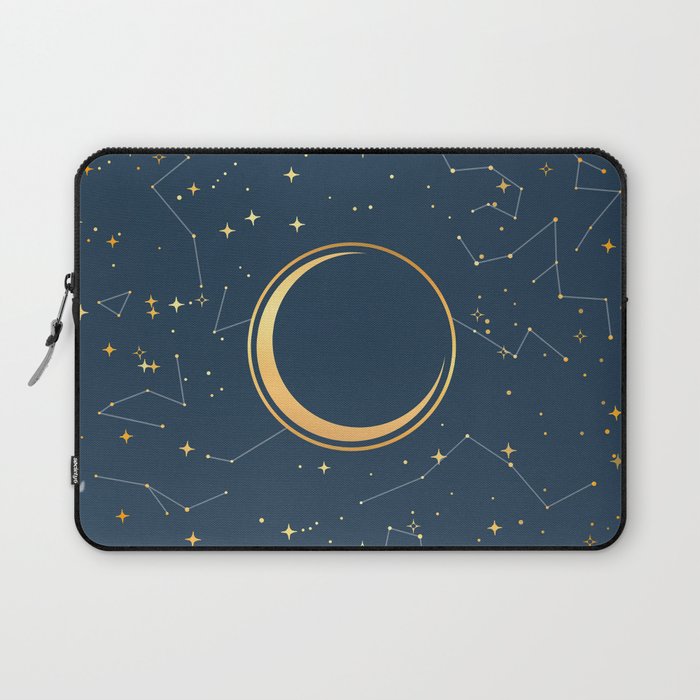 Navy and Gold Crescent Moon Eclipse Constellations Laptop Sleeve