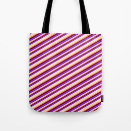 [ Thumbnail: Purple, Beige, Light Coral & Maroon Colored Lined/Striped Pattern Tote Bag ]