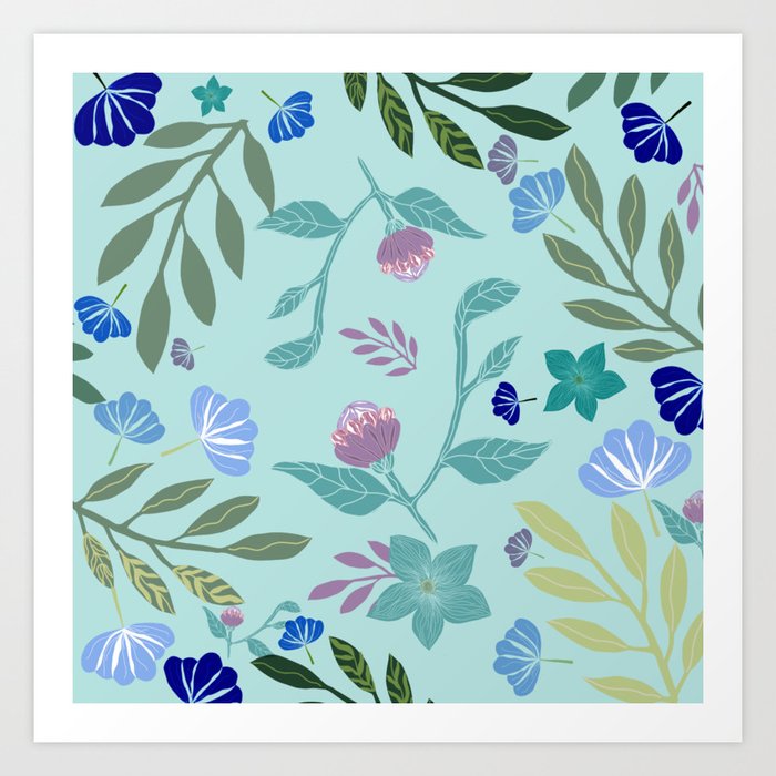 Floral Botanical Pattern Art Printable Blue Purple Green 300 DPI  Art Print