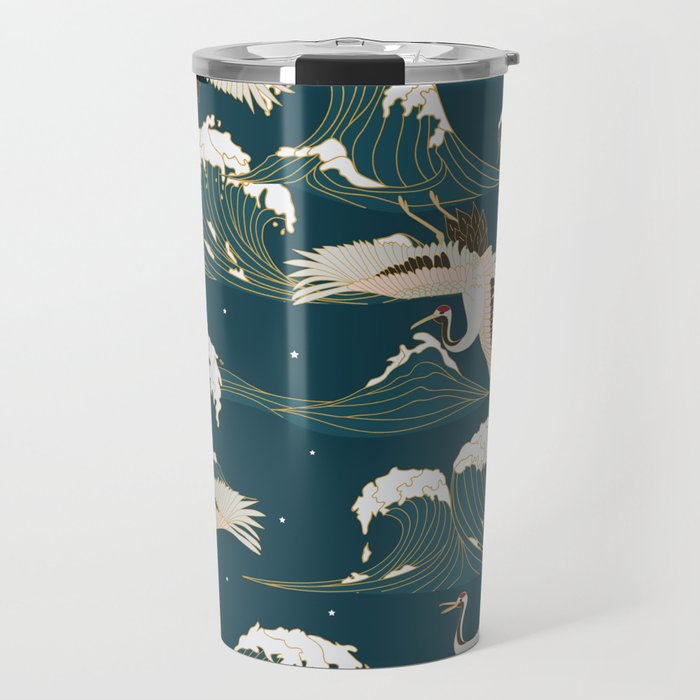 Japanese Crane Oriental Ocean Wave Pattern Travel Mug