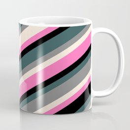 [ Thumbnail: Eye-catching Dark Slate Gray, Grey, Beige, Hot Pink, and Black Colored Lined/Striped Pattern Coffee Mug ]
